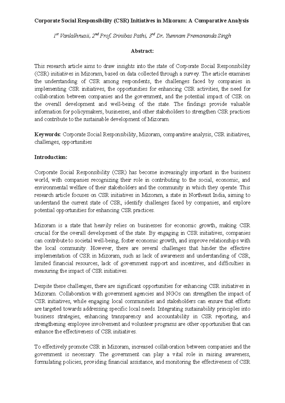 CSR Initiatives in Mizoram: A Comparative Analysis of Challenges ...