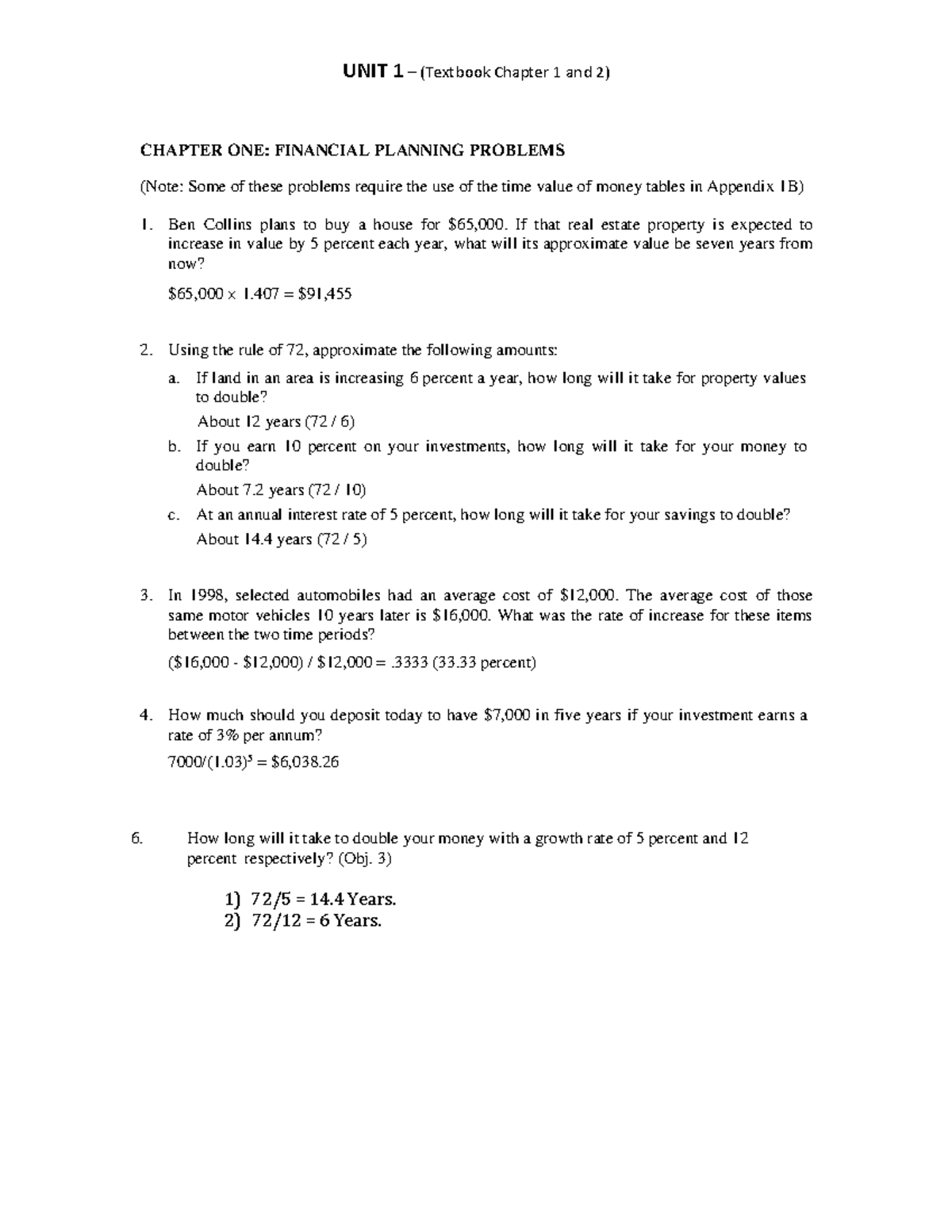 UNIT 1 (Textbook Chapters 1 & 2) Financial Planning Problems & Case ...