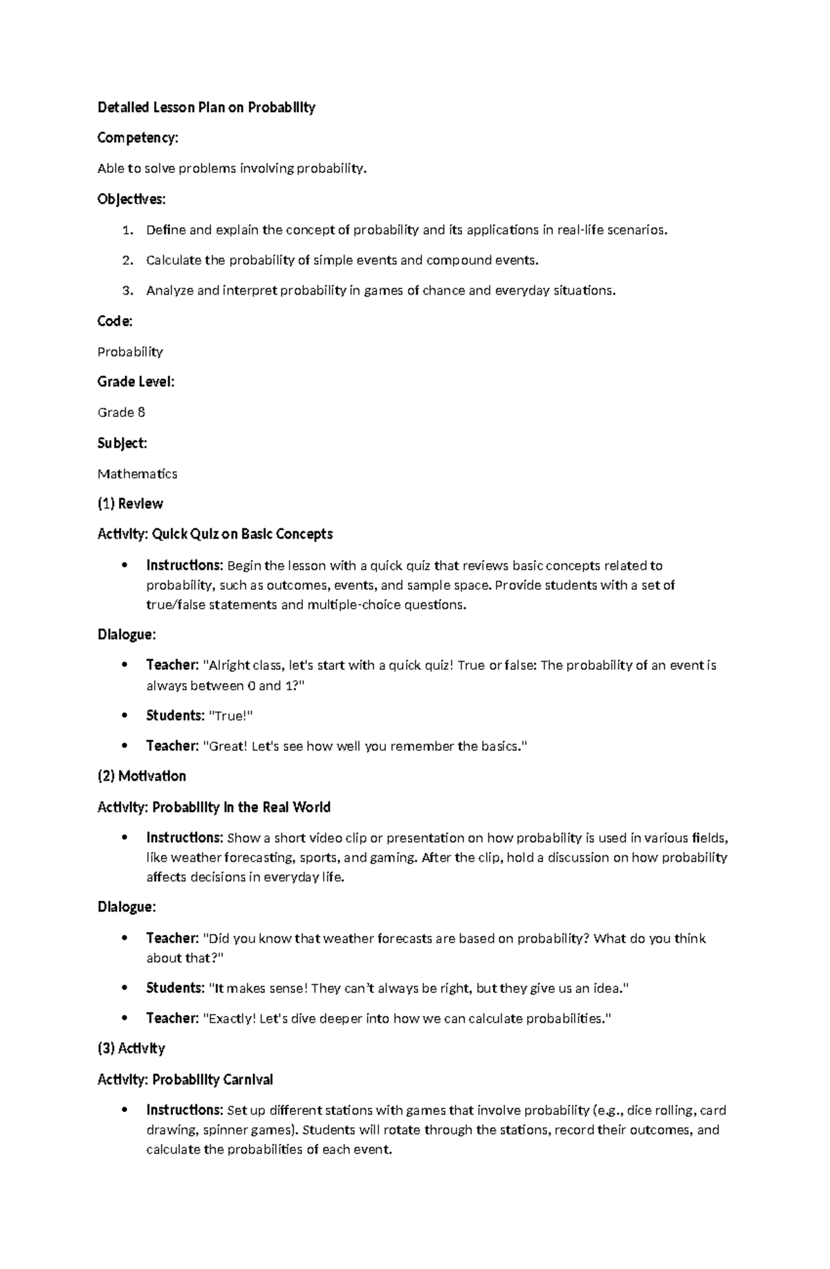 Detailed Lesson Plan on Probability for Grade 8 Math - Studocu