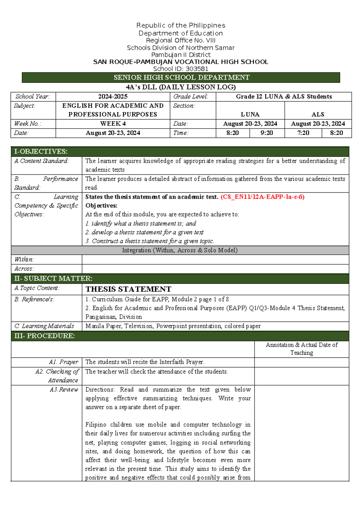 EAPP 12 Week 4 Lesson Plan: Crafting Effective Thesis Statements - Studocu
