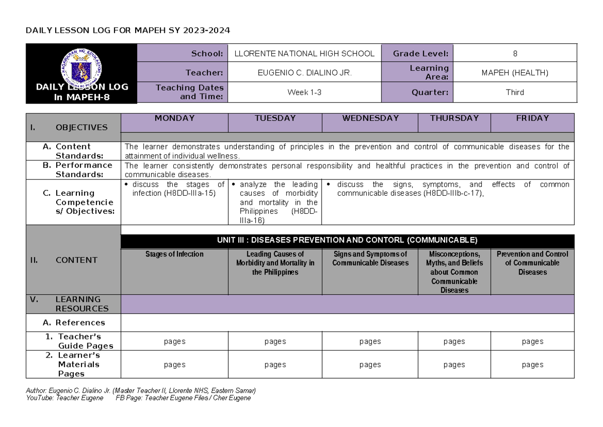 Q3-DLL MAPEH Health 8 Week 1 Daily Lesson Log - Studocu