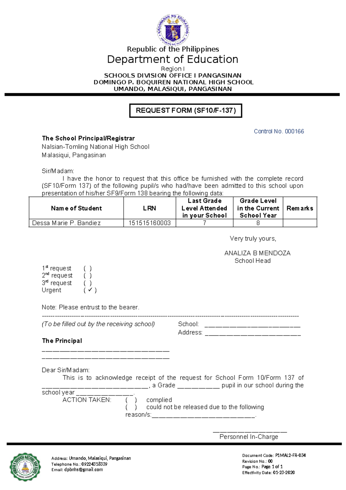 P1MAL2-FR-034- Request-FORM - Republic of the Philippines Department of ...