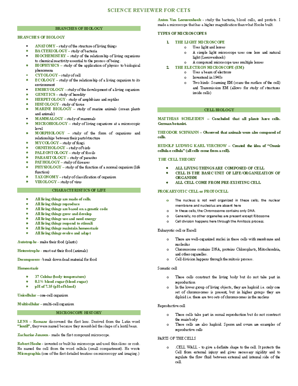 CET SCIENCE REVIEWER: BIOLOGY BRANCHES & CELL BIOLOGY OVERVIEW - Studocu
