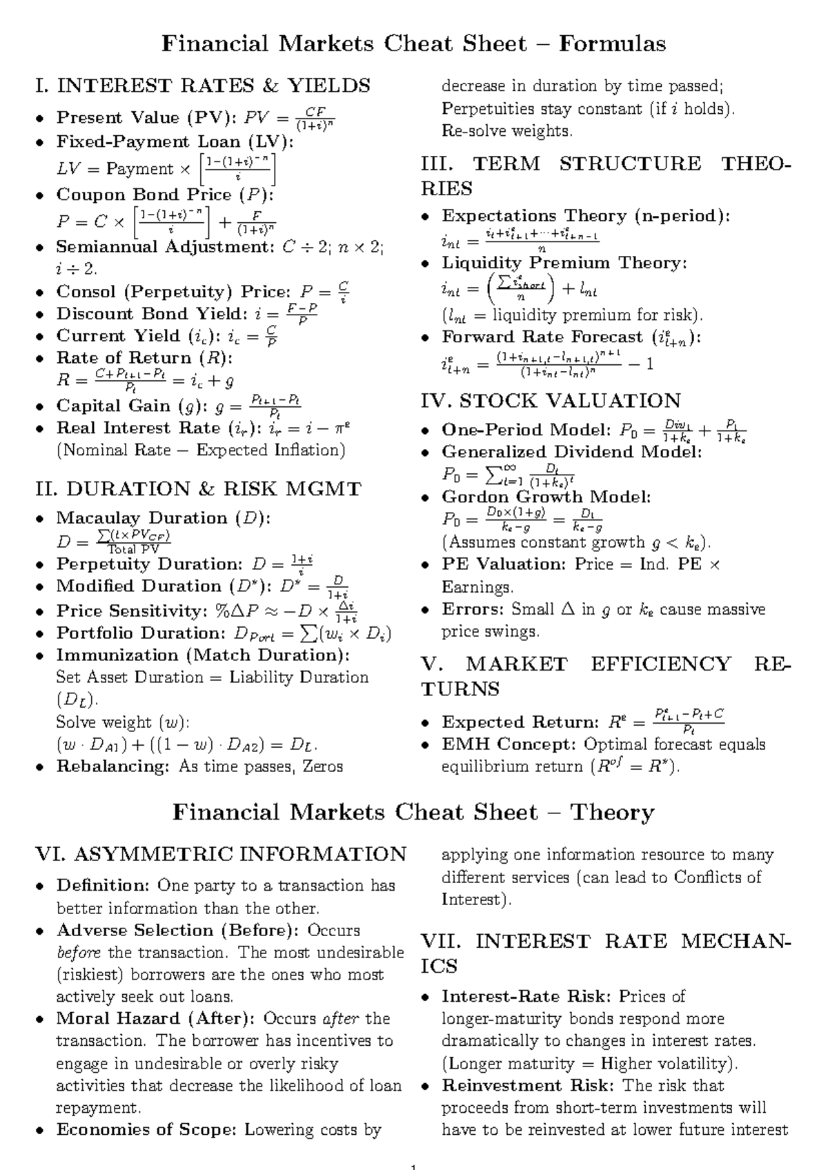 EF3333 Financial Markets Midterm Cheat Sheet: Key Formulas & Concepts ...