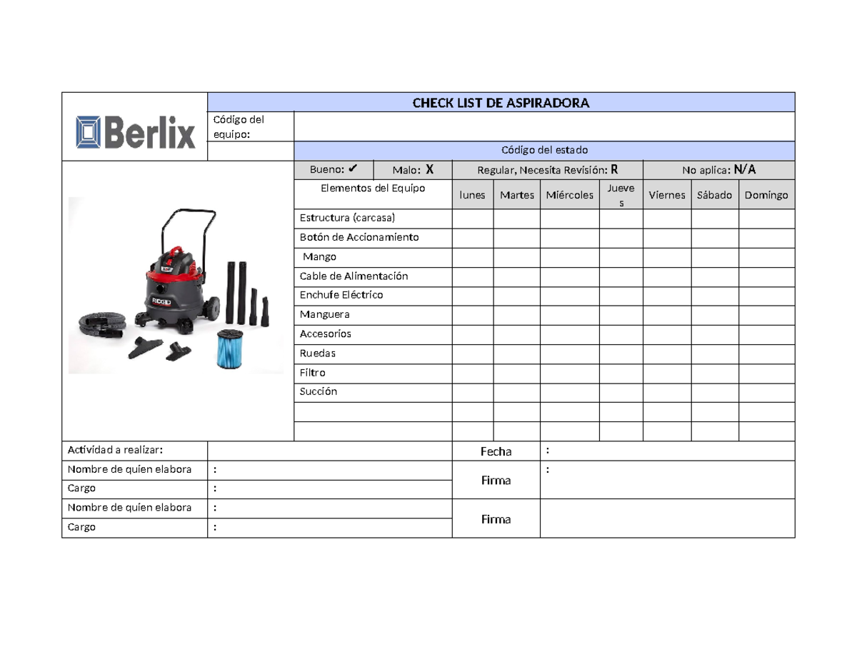 Check list de Aspiradora - CHECK LIST DE ASPIRADORA Código del equipo ...