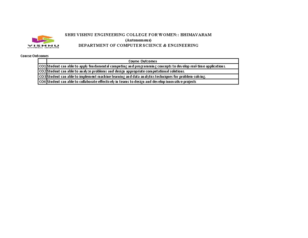 CSE Course Outcomes & PO/PSO Mapping Analysis - Studocu