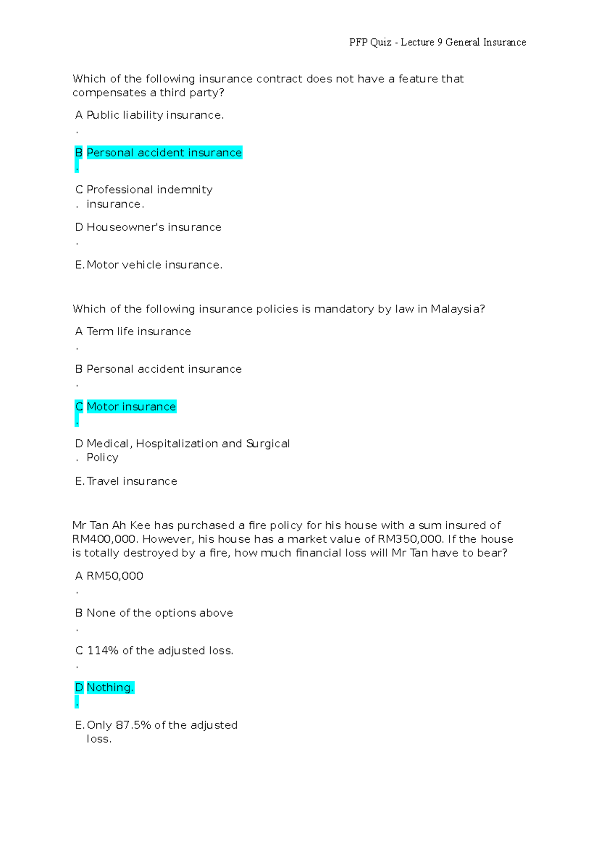 PFP Quiz - Lecture 9 General Insurance - PFP Quiz - Lecture 9 General ...