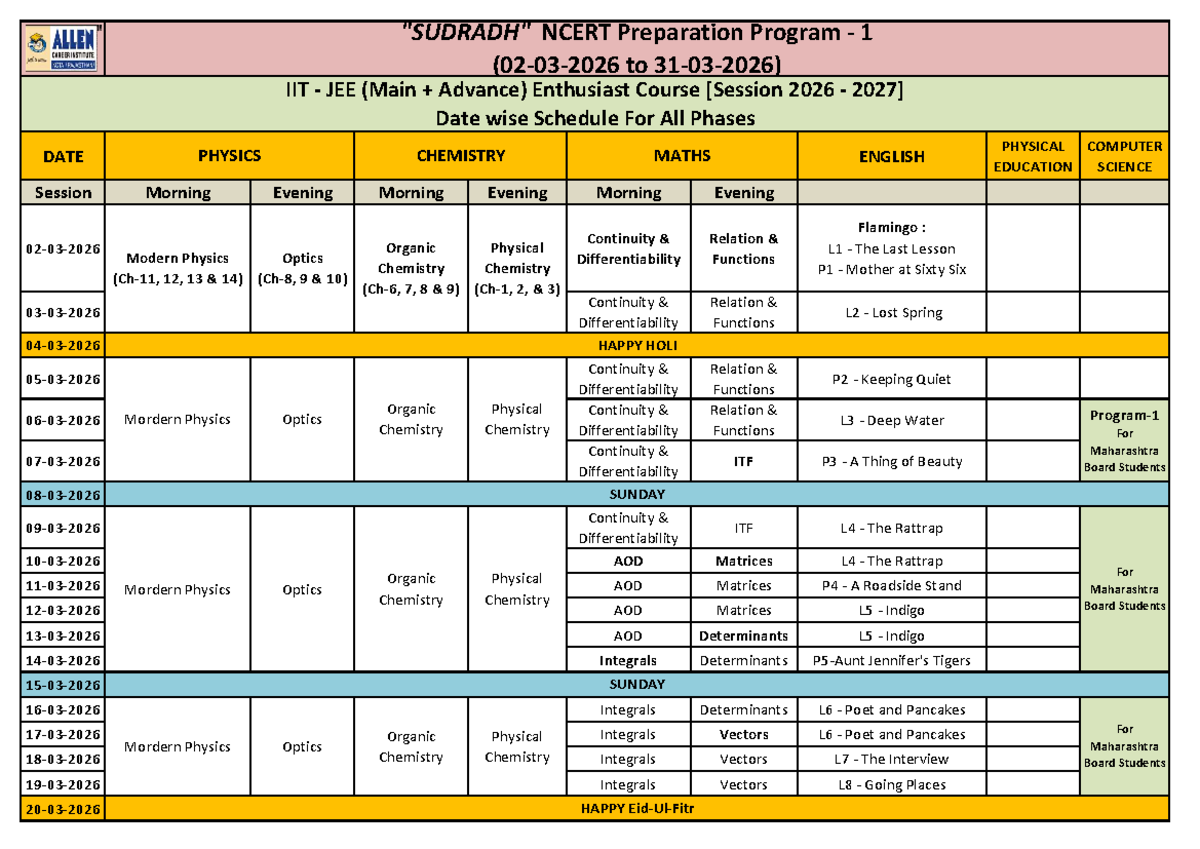 NCERT IIT JEE Prep Course 2026: Datewise Schedule for All Phases - Studocu