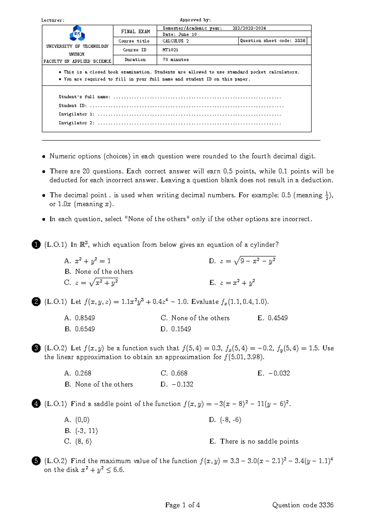 Calculus 2 Final Exam MT1021 - Question Sheet and Instructions - Studocu