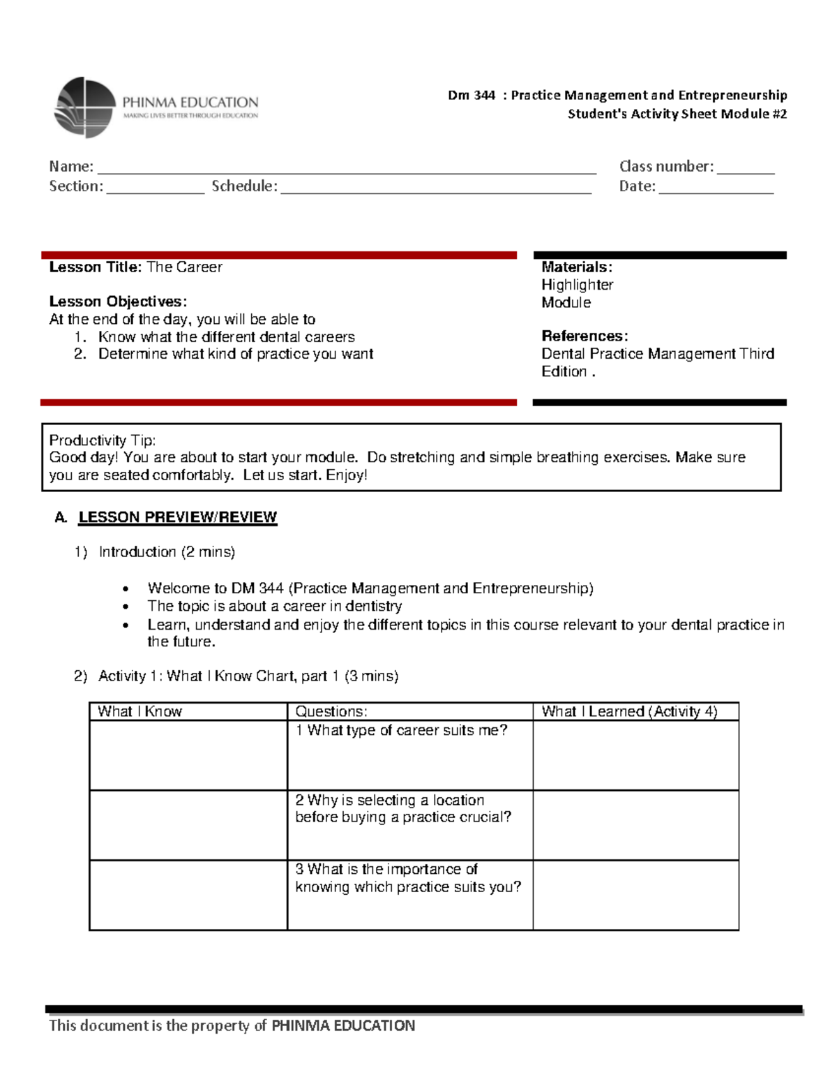 DM 344: Practice Management & Entrepreneurship Career Lesson Guide ...