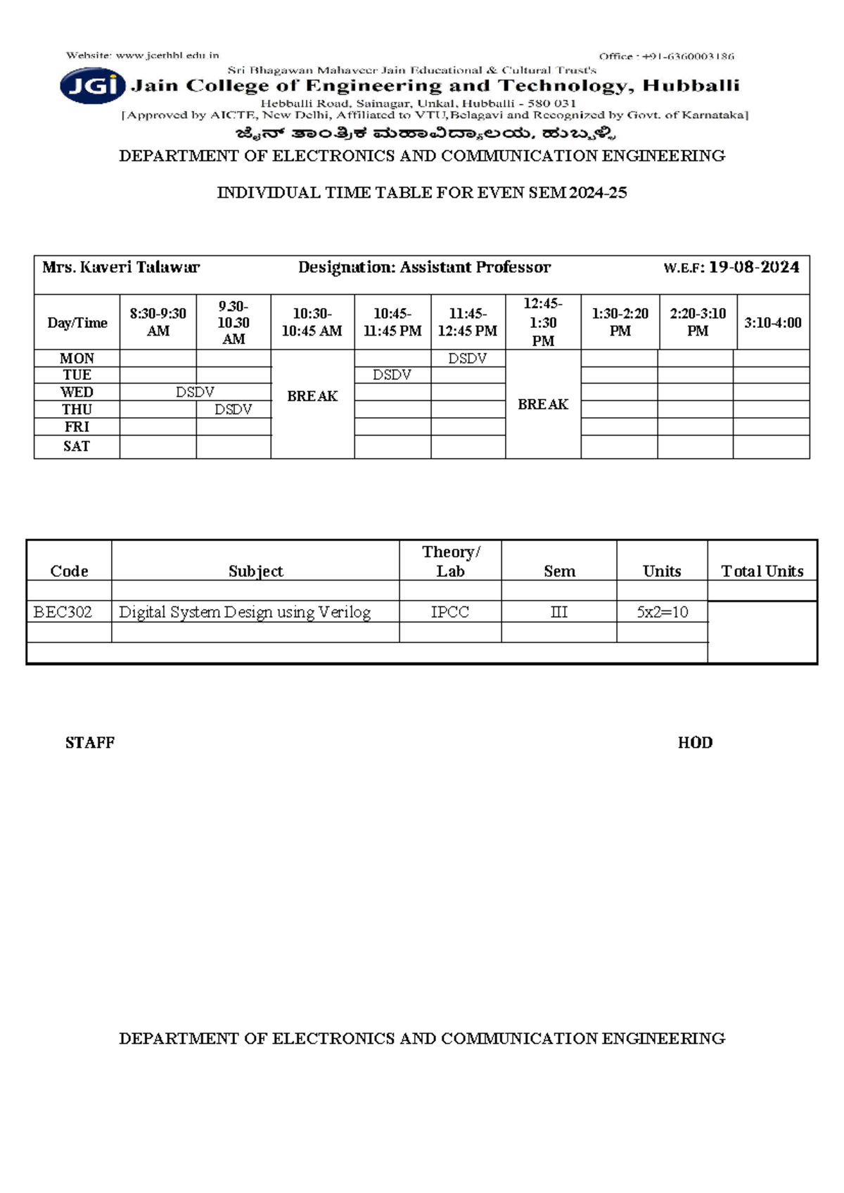 Individual Time Table for Even Sem - ECE Department - Studocu
