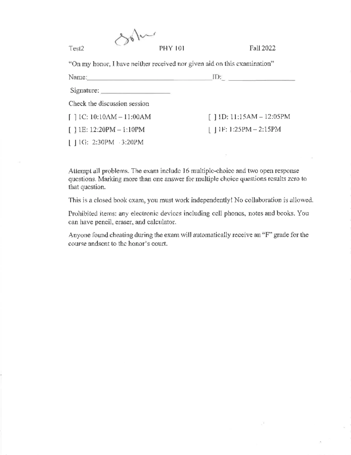 PHY101 T1-T3 F22-S24 - practice exam - PHY 101 - 0 i i i O O 19. i has ...