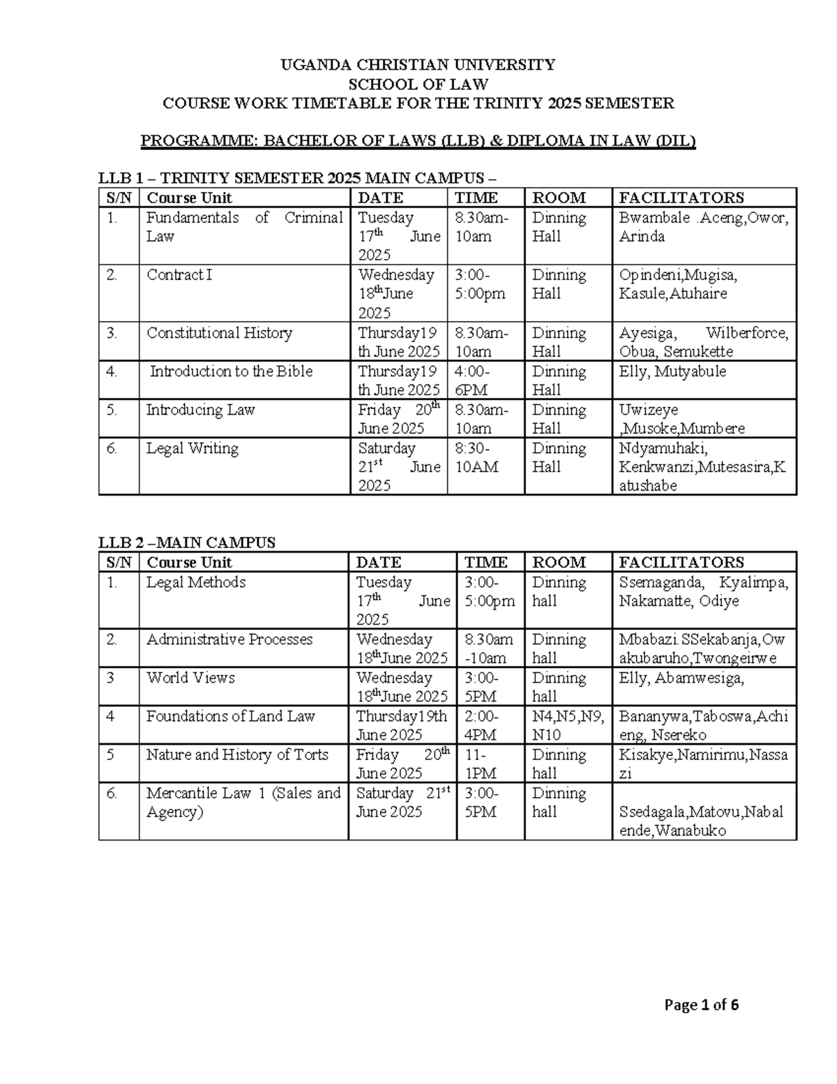 Trinity 2025 Course Work Timetable: Bachelor of Laws (LLB) - Studocu
