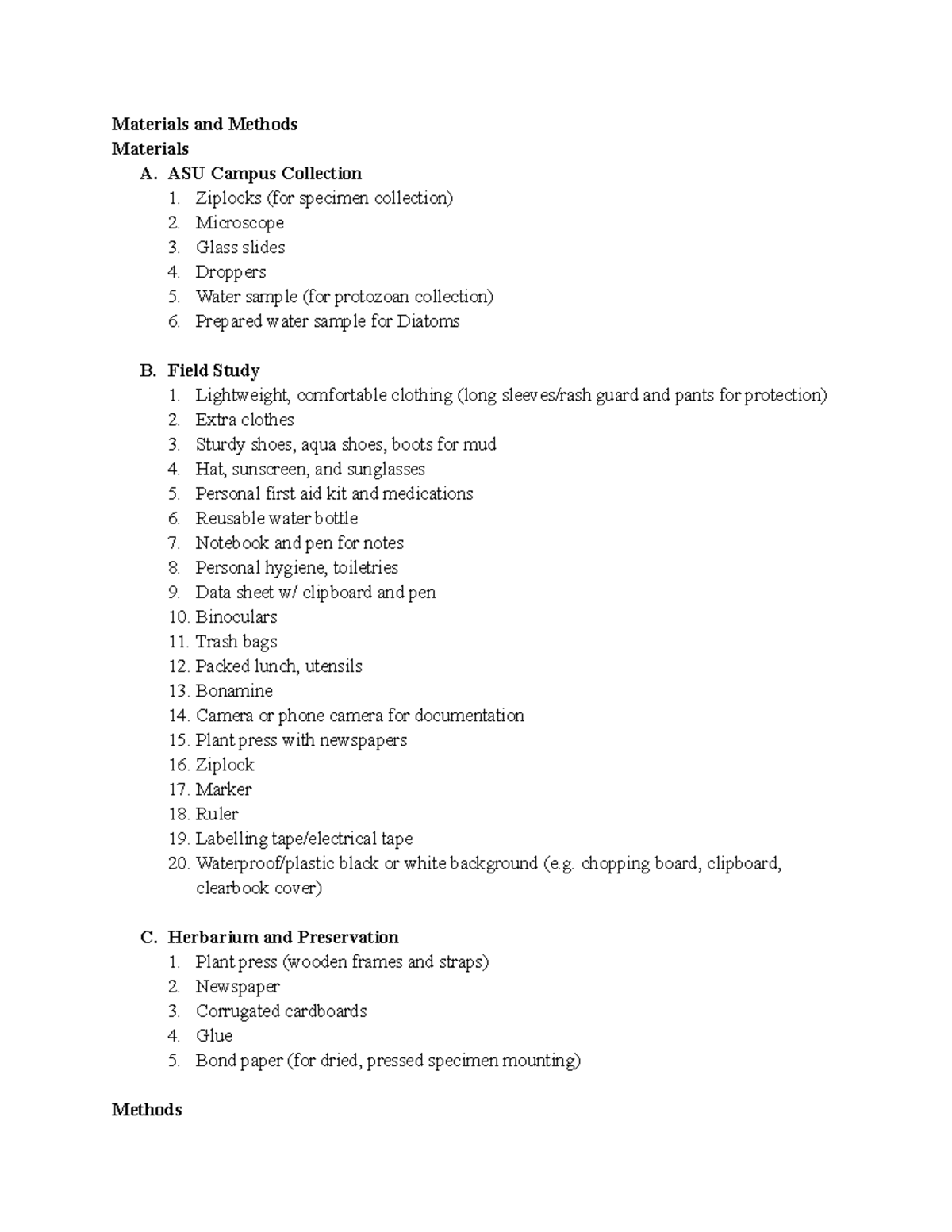 Materials and Methods for Field Data Collection in ASU Course - Studocu
