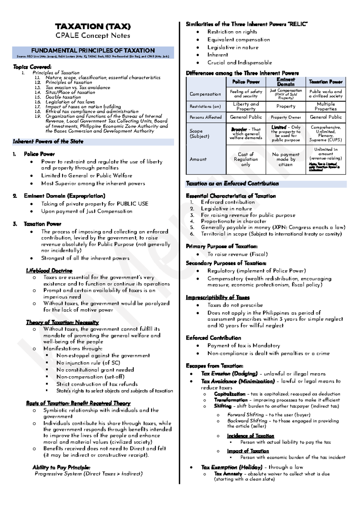 TAXATION (TAX) CPALE Concept Notes: Fundamental Principles Overview ...