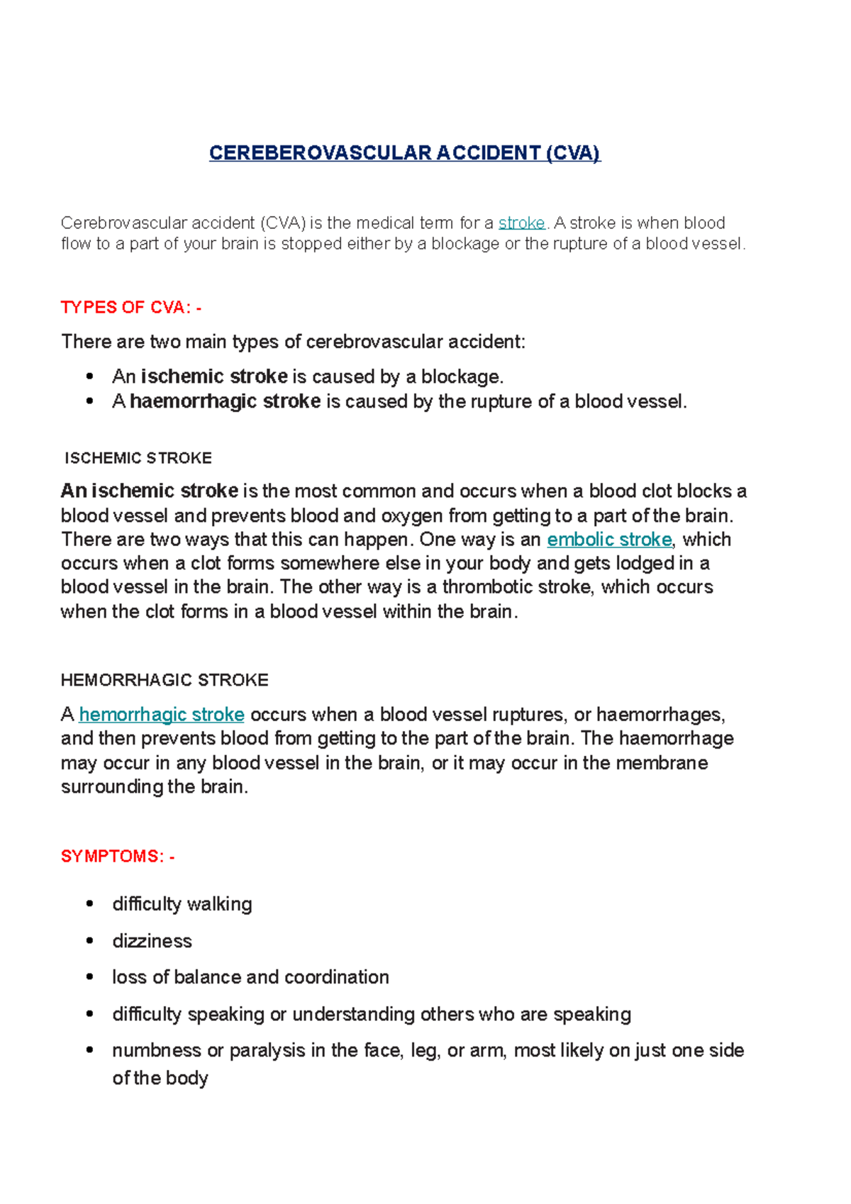 Cereberovascular Accident - CEREBEROVASCULAR ACCIDENT (CVA ...