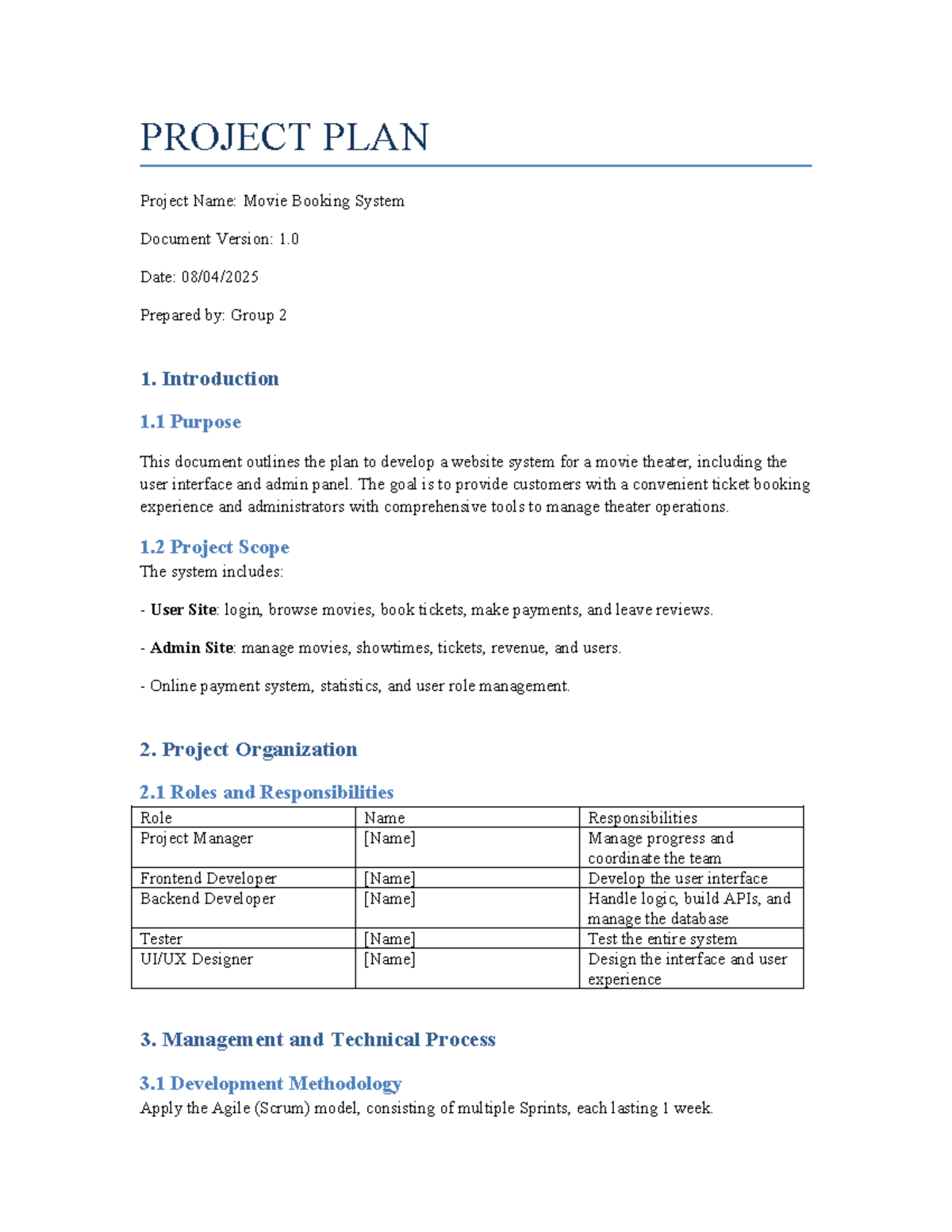 C2SE.12 Project Plan: Movie Booking System Development - Studocu