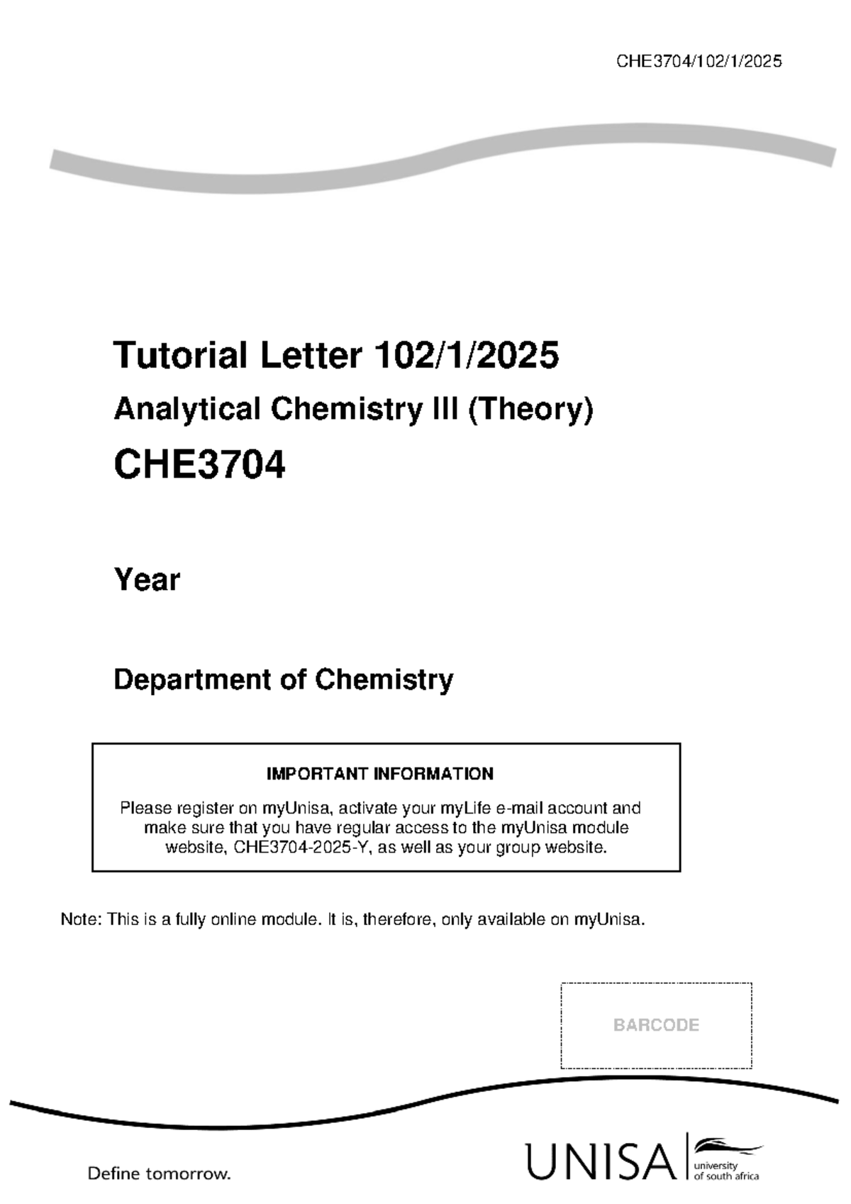 CHE3704 Tutorial Letter 102: Analytical Chemistry Theory 2025 - Studocu