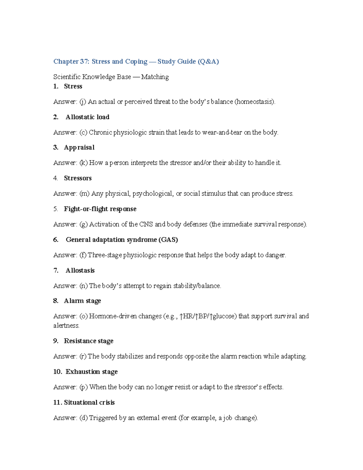 Chapter 37: Stress and Coping Paraphrased Q&A Study Guide - Studocu