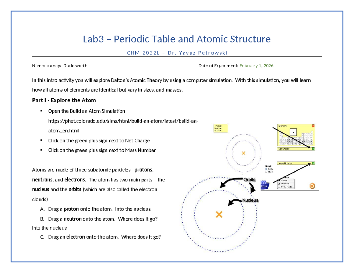 Lab 3: Periodic Table & Atomic Structure CHM 2032L Report - Studocu