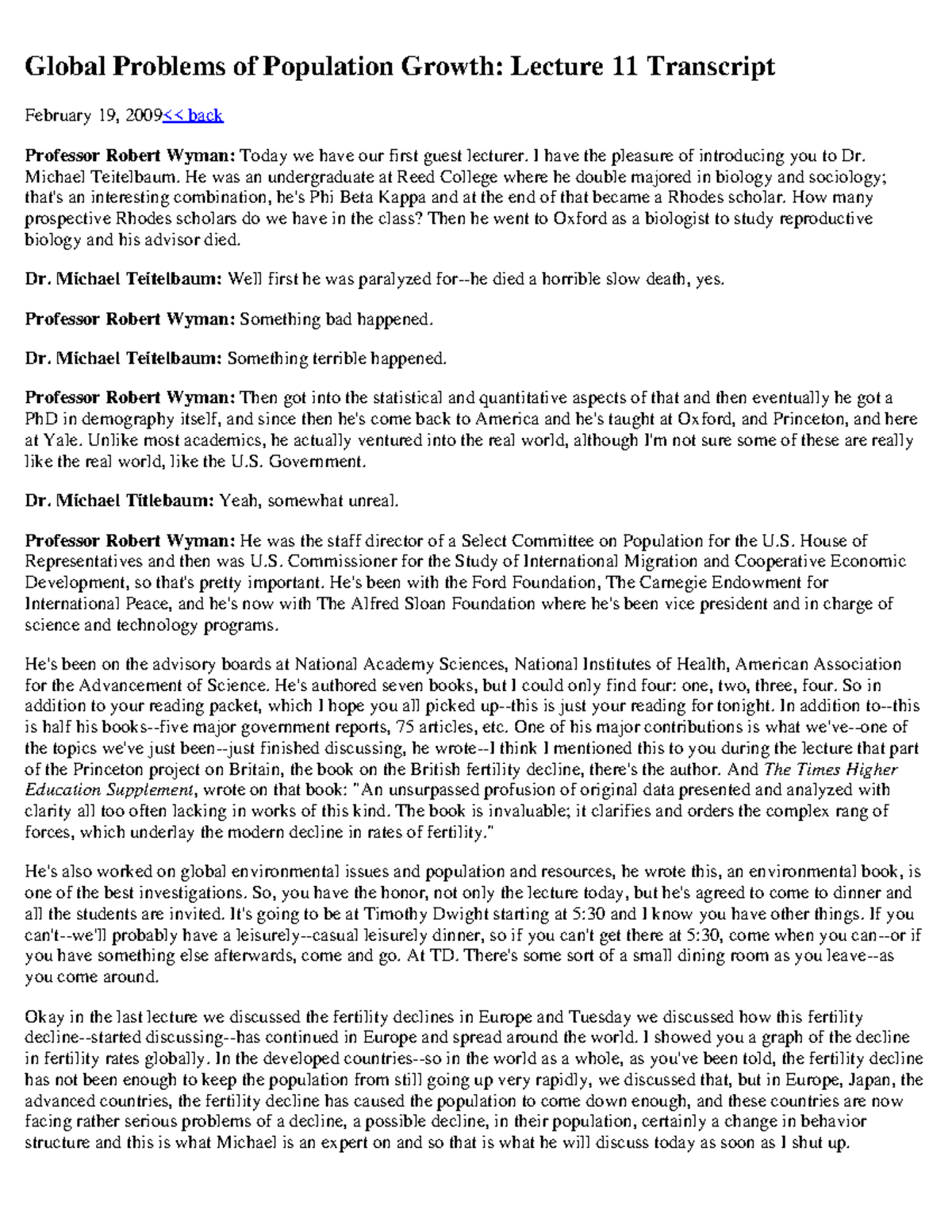 Global problems of population growth lecture 11 - lecture 24 transcript ...