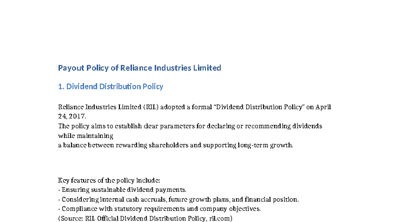 Reliance Industries Limited Payout Policy Overview - Studocu