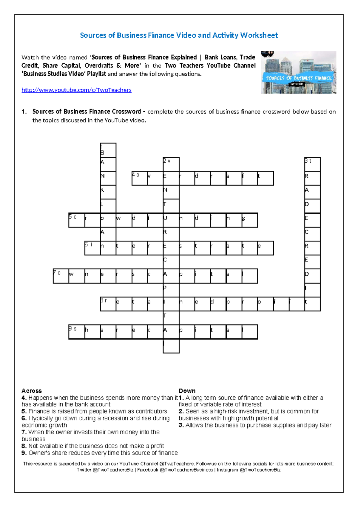 Sources of Business Finance Activity Worksheet - Sources of Business ...