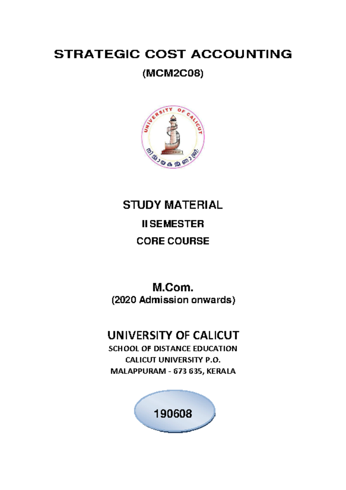 MCM2C08: Strategic Cost Accounting Study Material for II Semester - Studocu