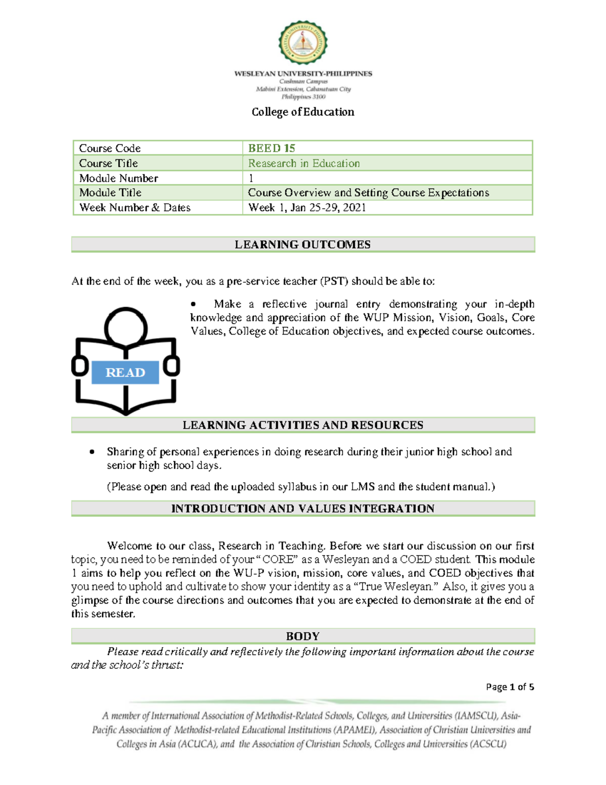 BEED 15 Module 1: Research in Teaching Course Overview & Expectations ...