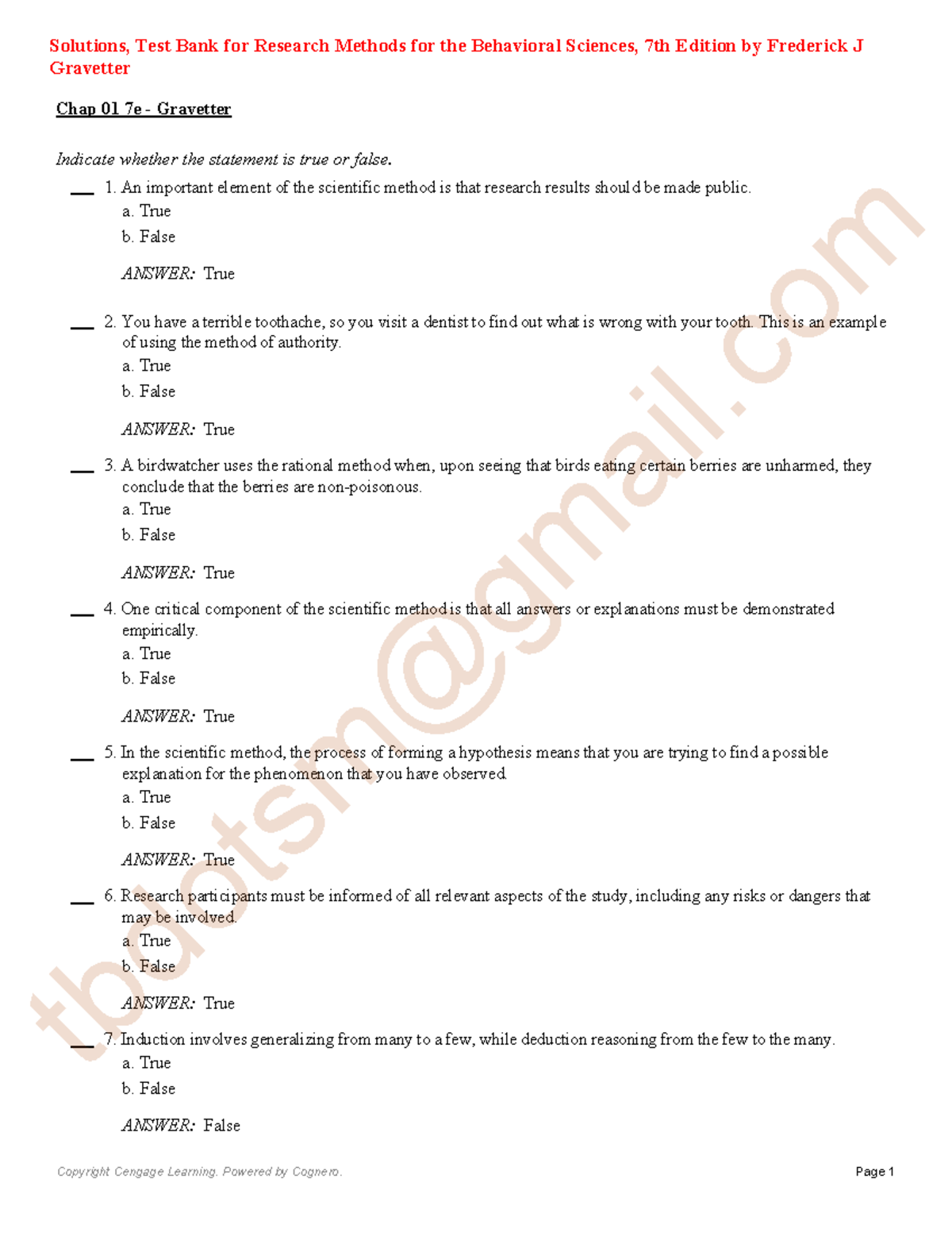 Test Bank Solutions for Research Methods in Behavioral Sciences (7th Ed ...