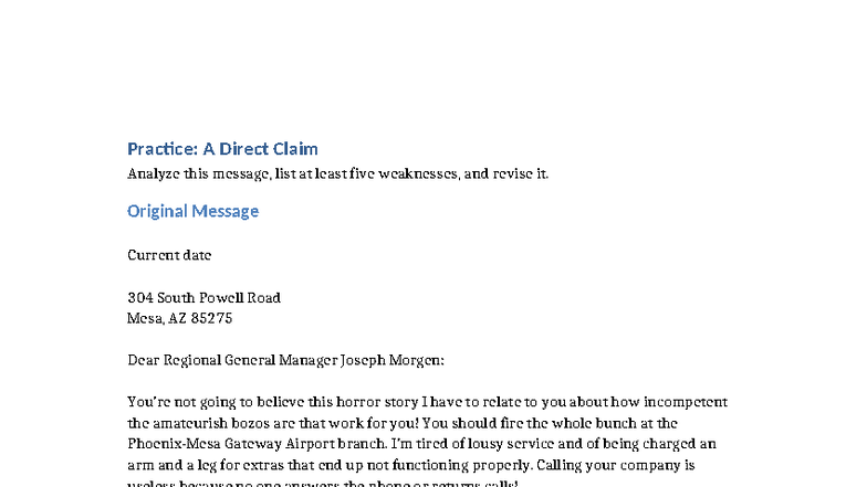 Direct Claim Practice: Analyzing and Revising Customer Complaints - Studocu