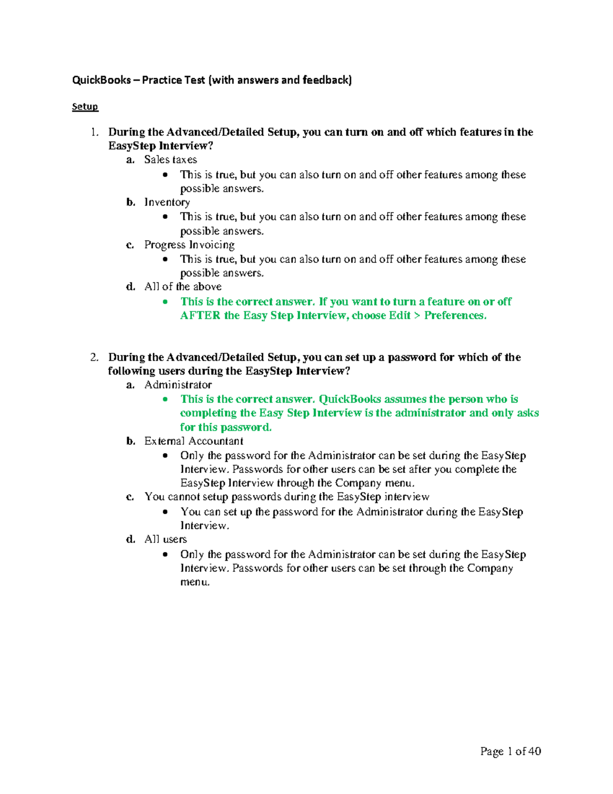 QuickBooks Practice Test & Answers: Detailed Feedback Guide - Studocu