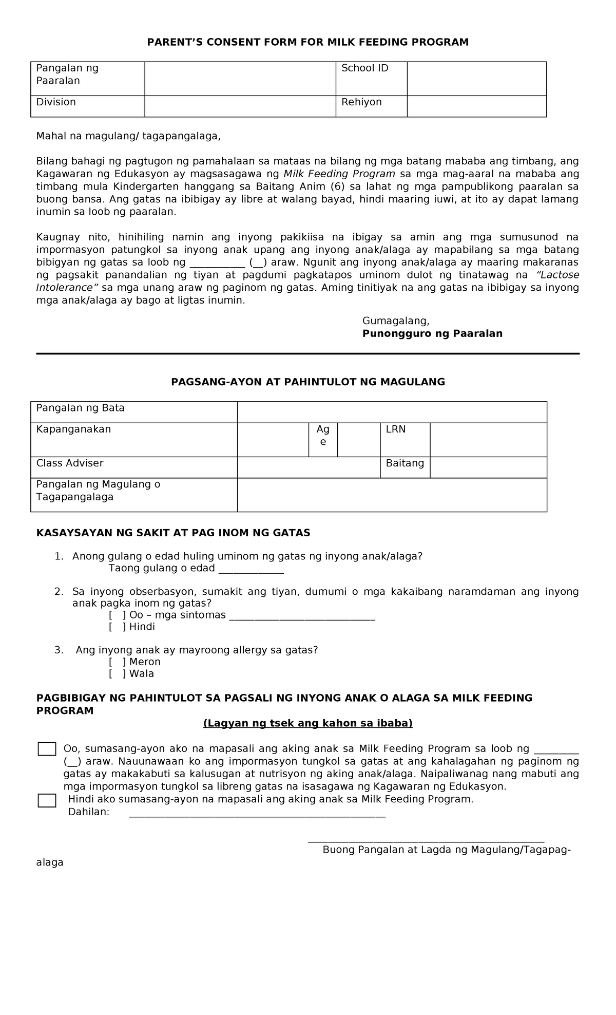 SBFP-Form-9: Consent Form for Milk Feeding Program - Studocu