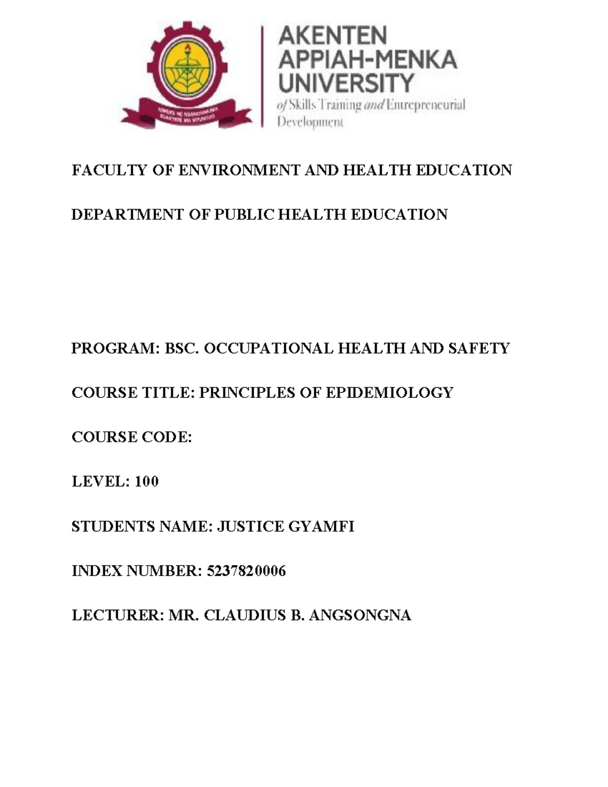 Epidemiology Assignment 1: Principles of Infection Control and ...
