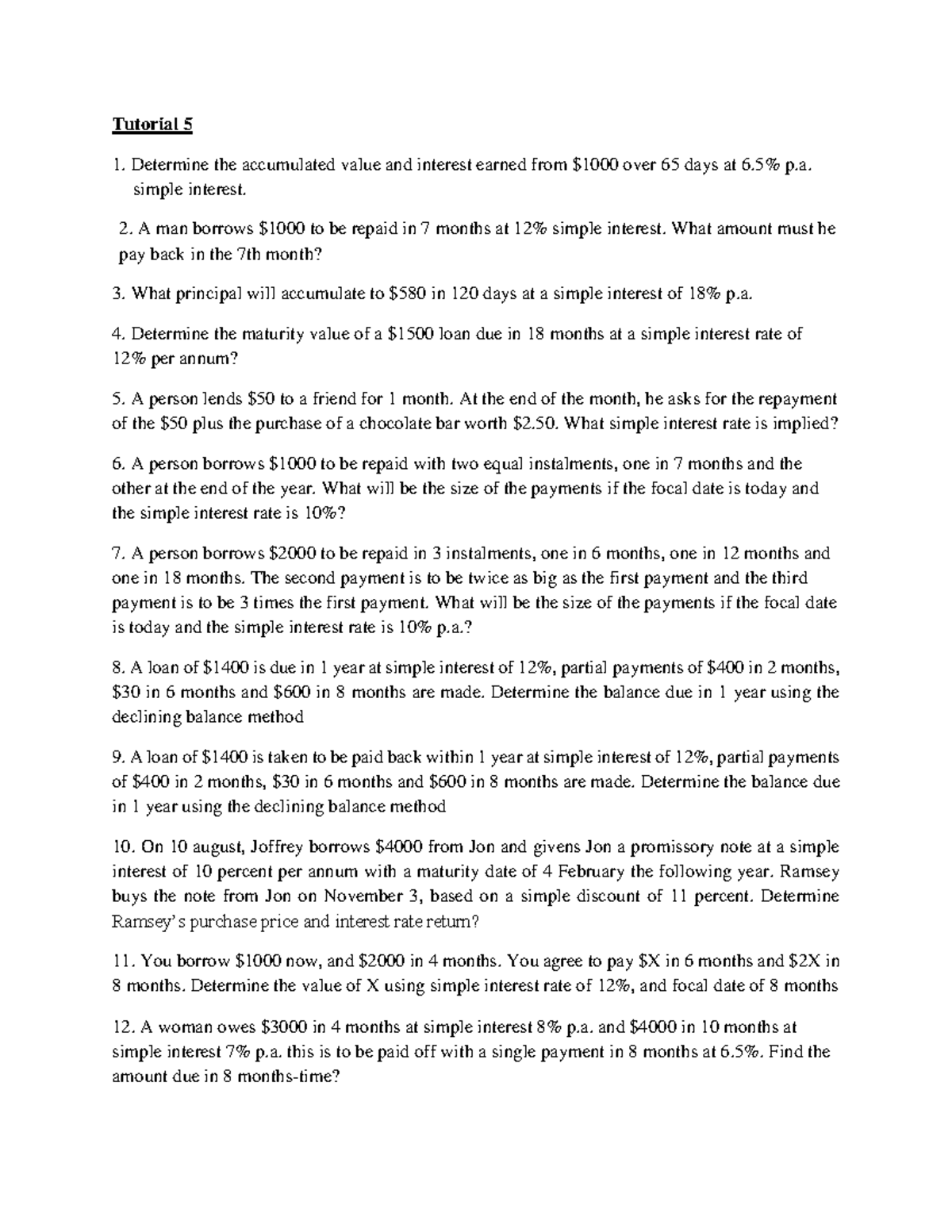 Tutorial 5: Simple Interest Calculations and Loan Repayment Scenarios ...
