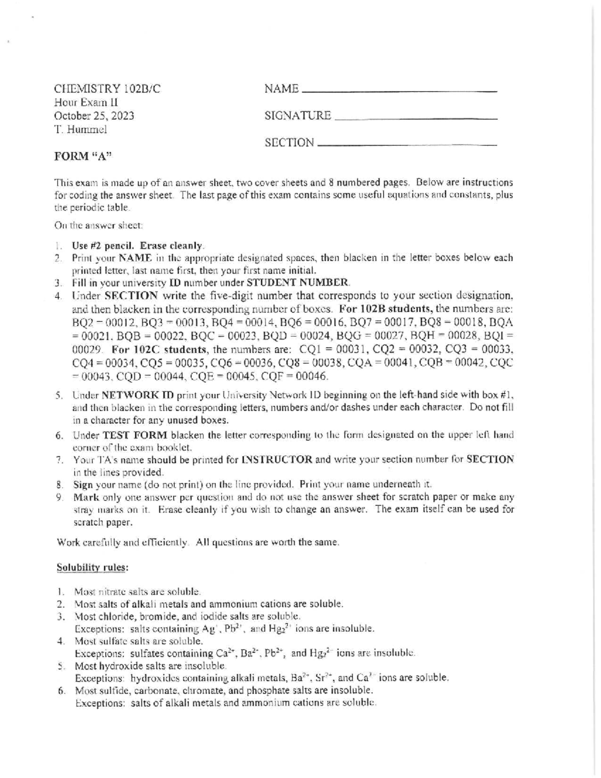CHEMISTRY 102 Fall 2023 Hour Exam II Instructions and Questions - Studocu