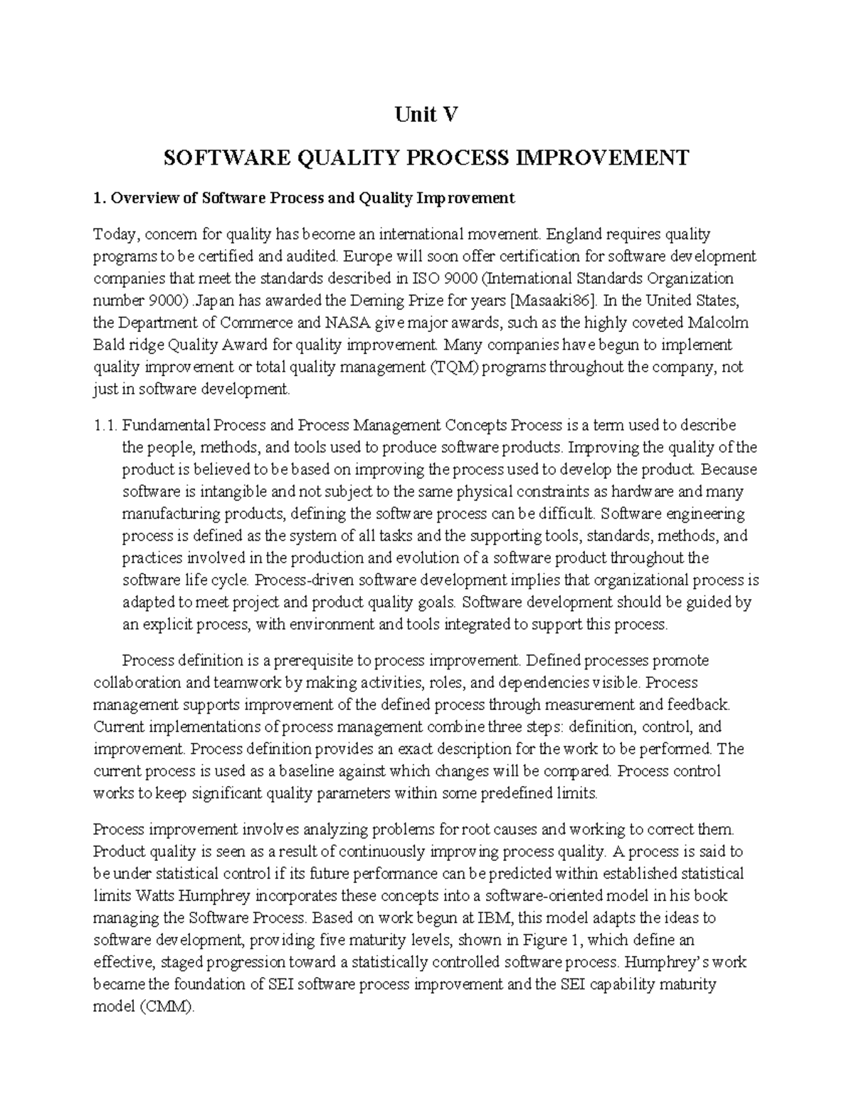 Unit V: Software Quality Process Improvement Overview and CMM Insights ...