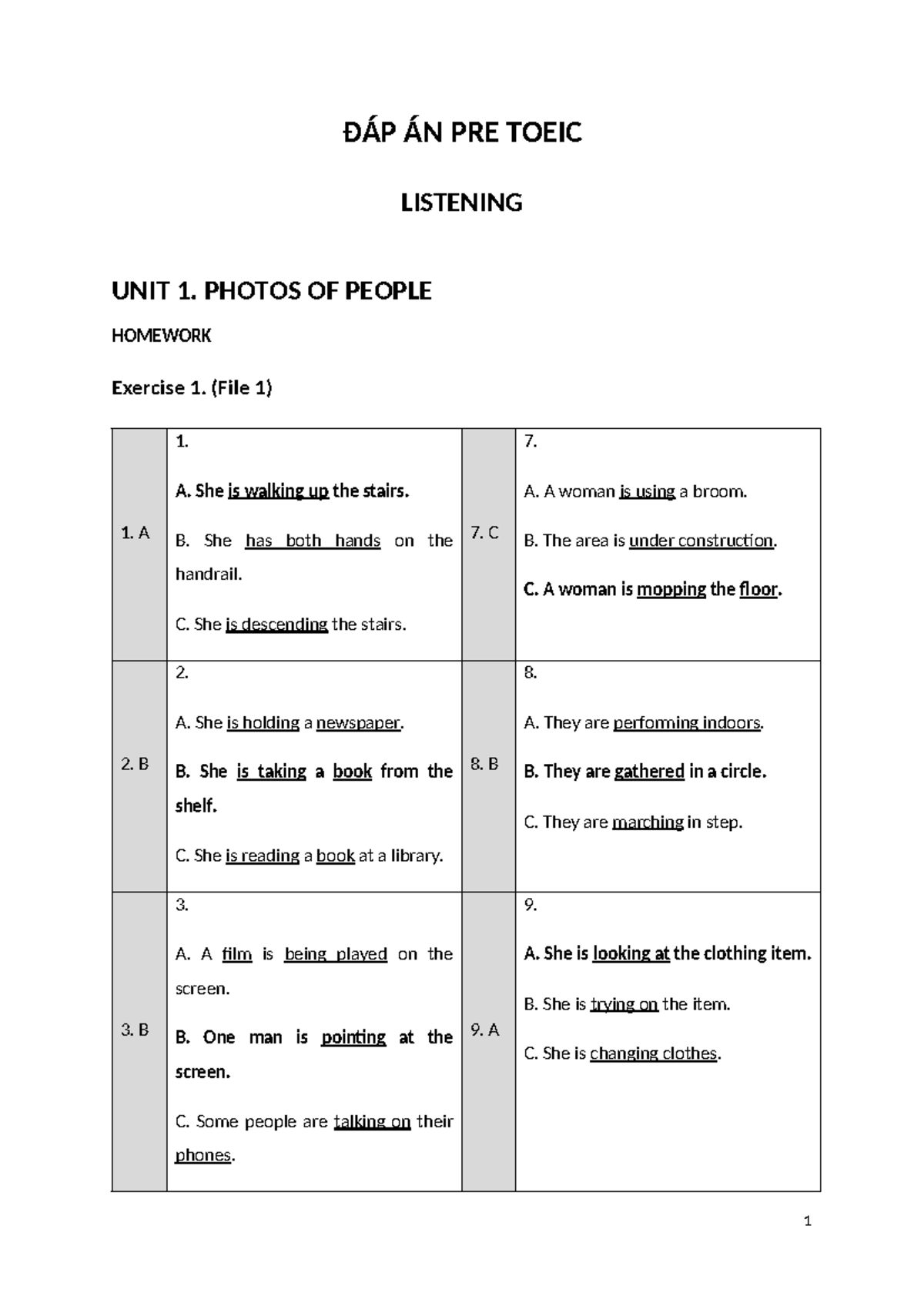 ĐÁP ÁN PRE TOEIC LISTENING UNIT 1 - STUDENT'S BOOK EXERCISES - Studocu
