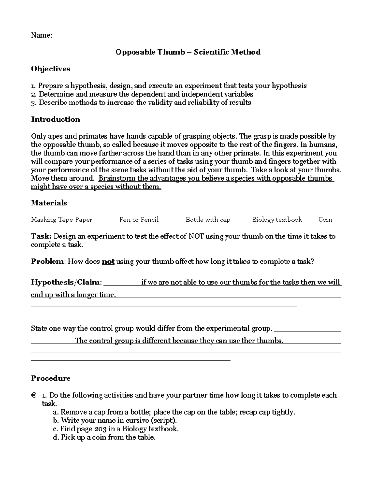Opposable Thumb Scientific Method Lab: Experiment & Analysis - Studocu