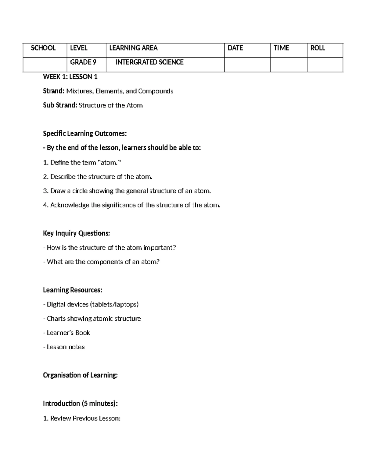 Grade 9 Integrated Science Term 1 Scheme of Work on Atoms - Studocu