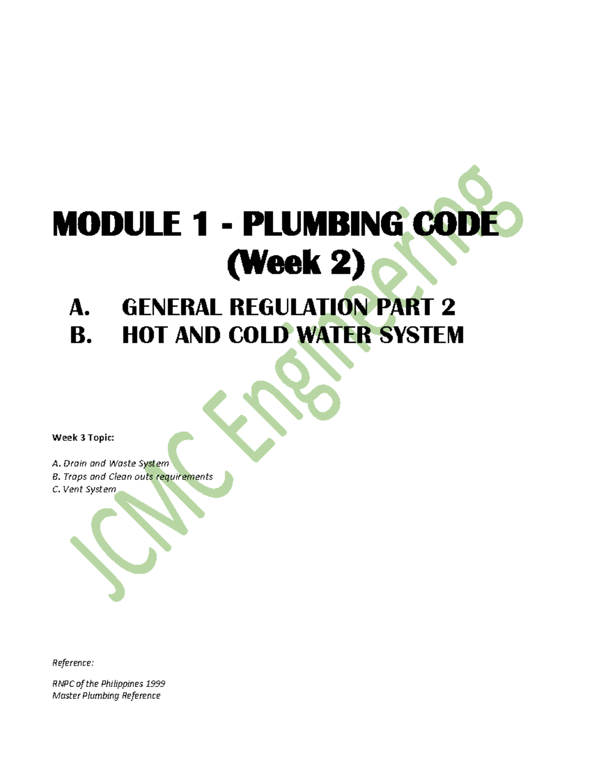 Plumbing CODE - Week 2: General Regulations & Water Systems - Studocu