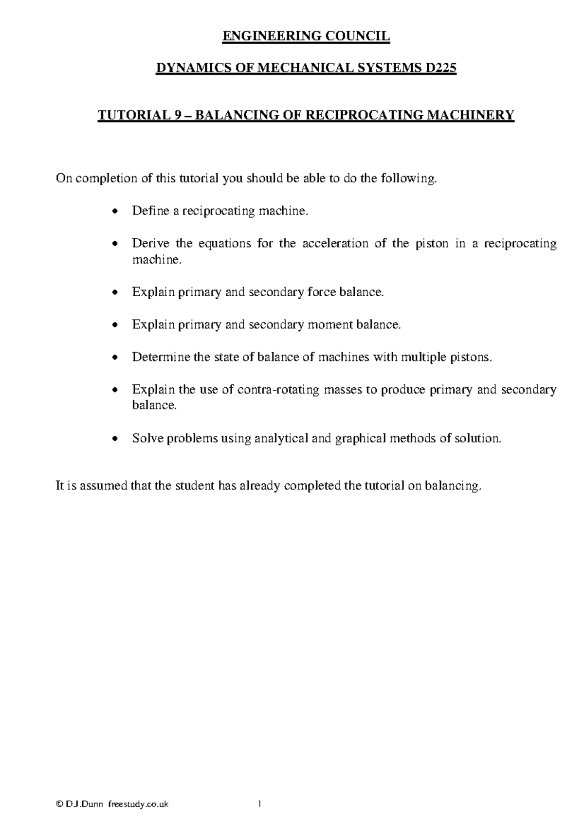 Balancing of Reciprocating Engines Dynamics - Tutorial D (MECH1002 ...