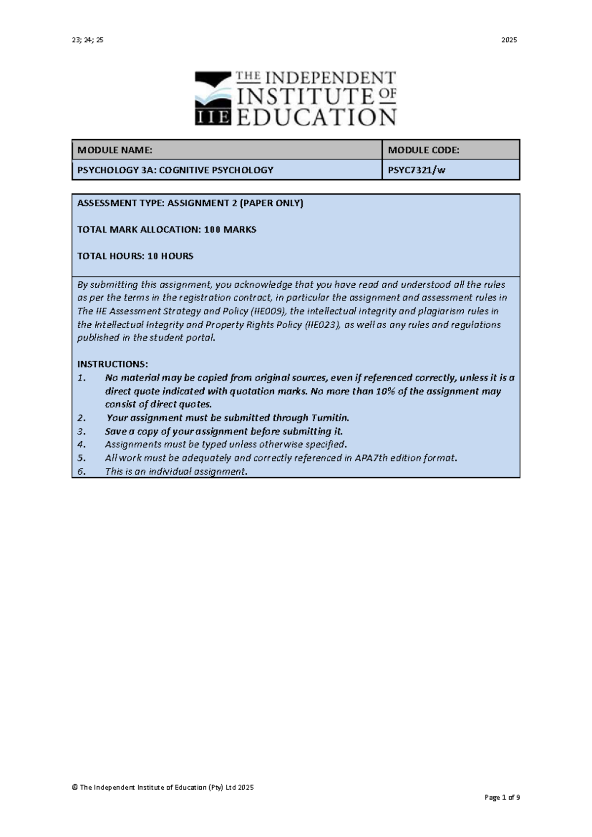 Cognitive Psychology 3A: Assignment 2 Guidelines and Requirements 2025 ...