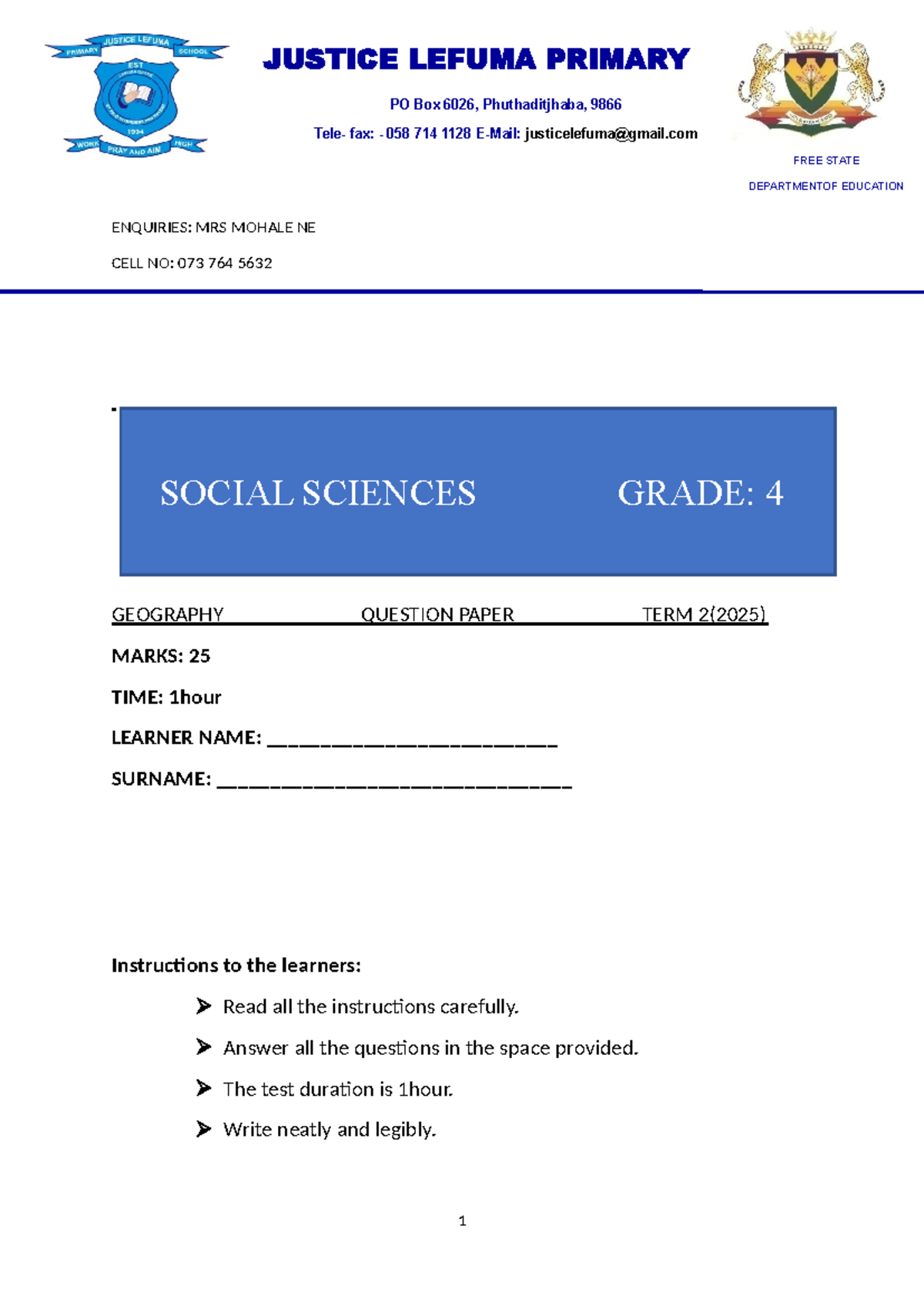 Geo Grade 4 Term 2 Question Paper - Social Sciences (Marks: 25) - Studocu
