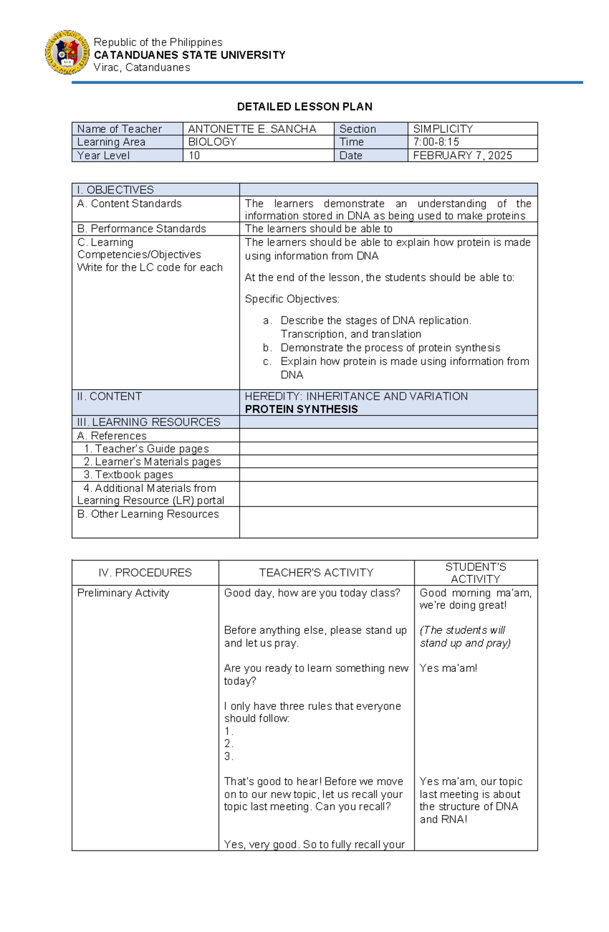 Detailed Lesson PLAN - CATANDUANES STATE UNIVERSITY Virac, Catanduanes ...