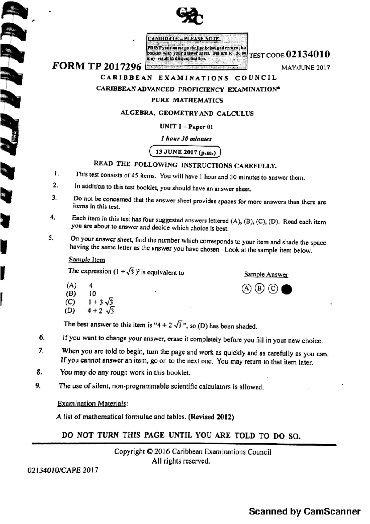 June 2017 CAPE Pure Mathematics U1 Paper 01 Exam Instructions - Studocu