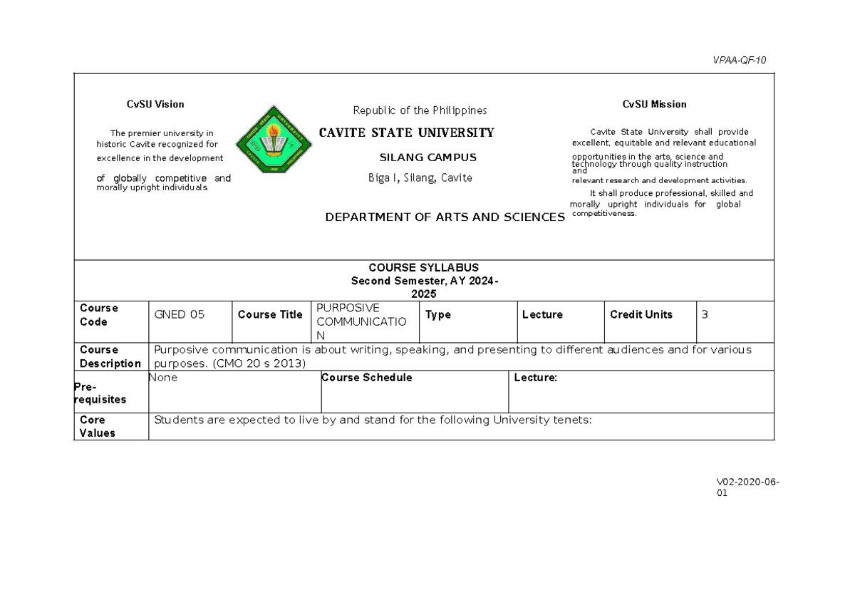 GNED 05 Lecture Syllabus: Purposive Communication Overview - Studocu