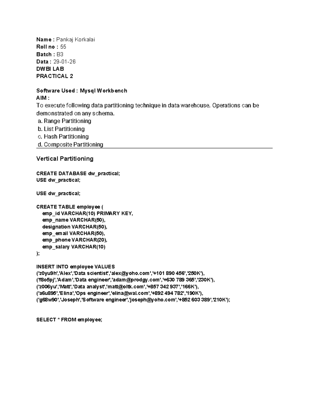 DS B3 55 DWBI Lab Practical 2: Data Partitioning Techniques - Studocu