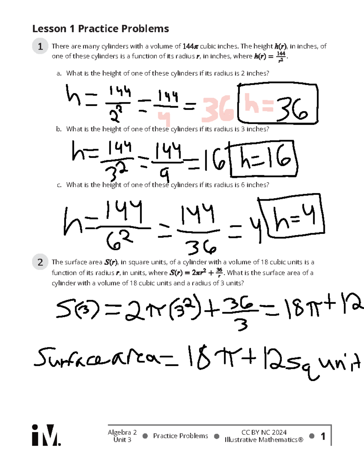 ALG 2, UNIT 3 Lesson 1 Practice Problems on Cylinders and Polynomials ...