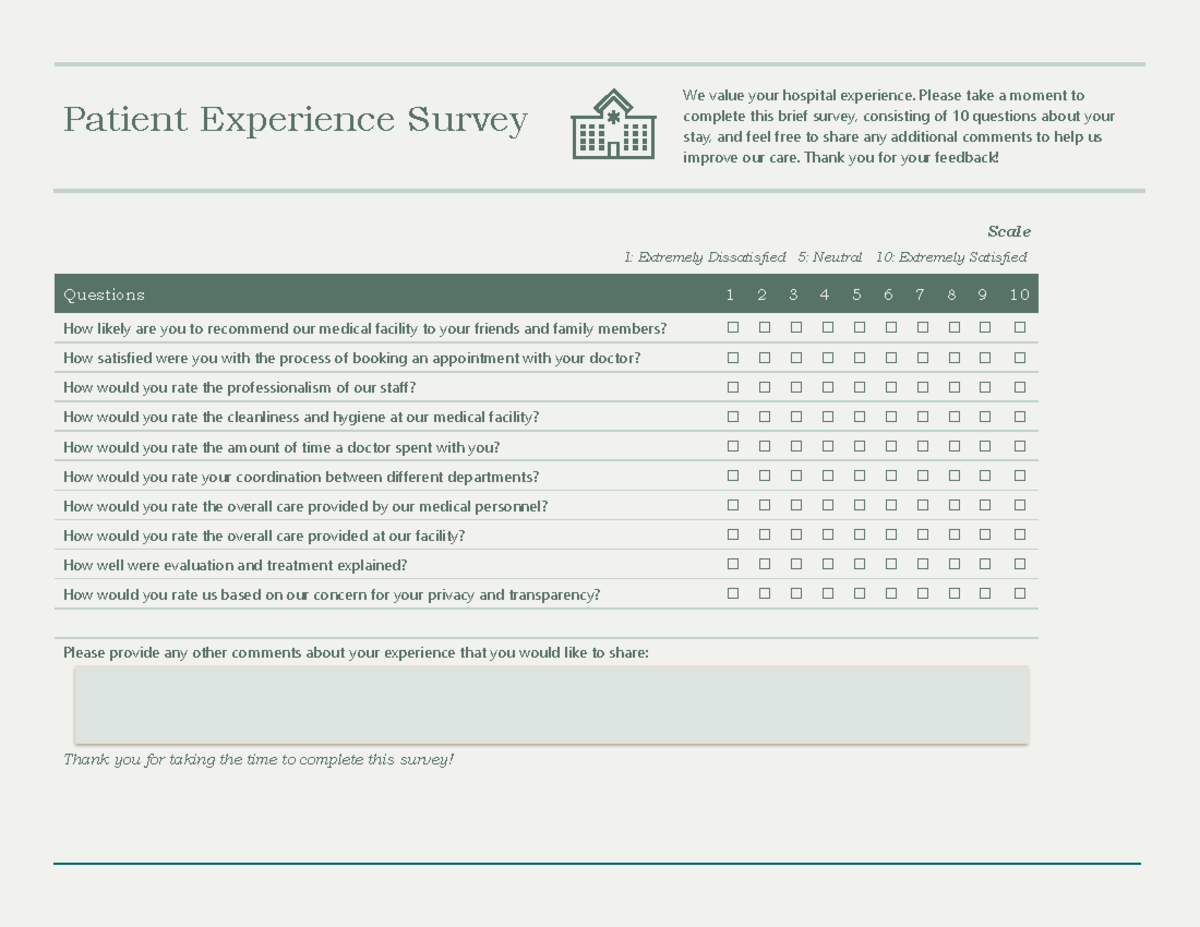 Patient Experience Survey Template: We Value Your Feedback - Studocu